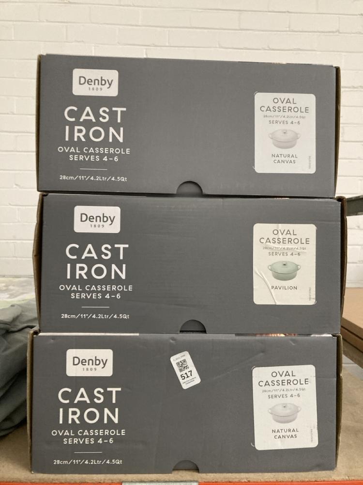 Lot 517  
            Chesterfield SR39 - Collection or Optional Delivery Available 

                
2 X DENBY CAST IRON OVAL CASSEROLE IN NATURAL CANVAS TO INCLUDE DENBY CAST IRON O...