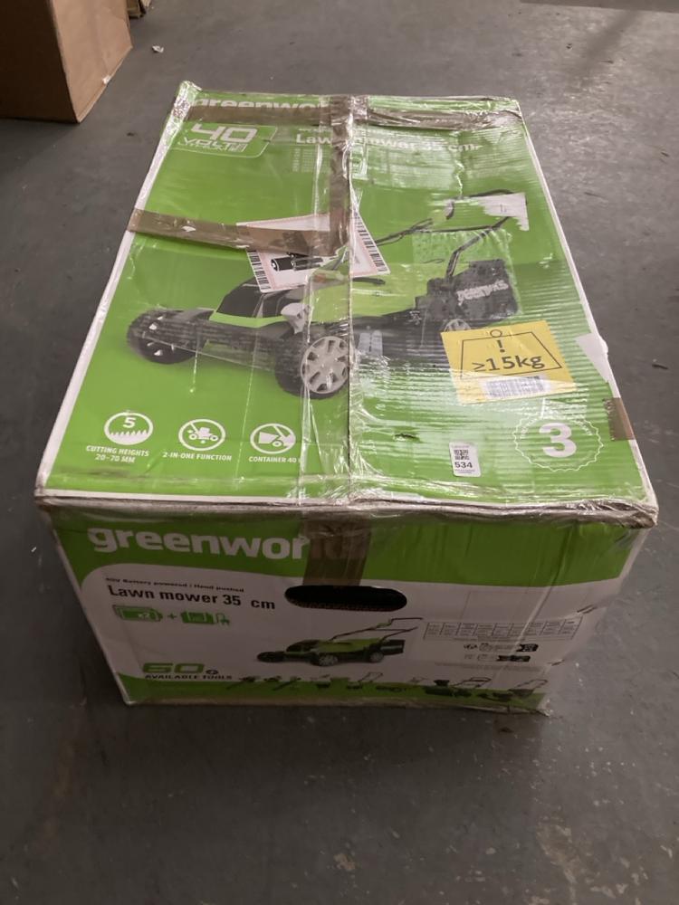 Lot 534  
            Chesterfield SR39 - Collection or Optional Delivery Available 

                
GREENWORKS 35CM LAWNMOWER (LOCATION: A RACKING)