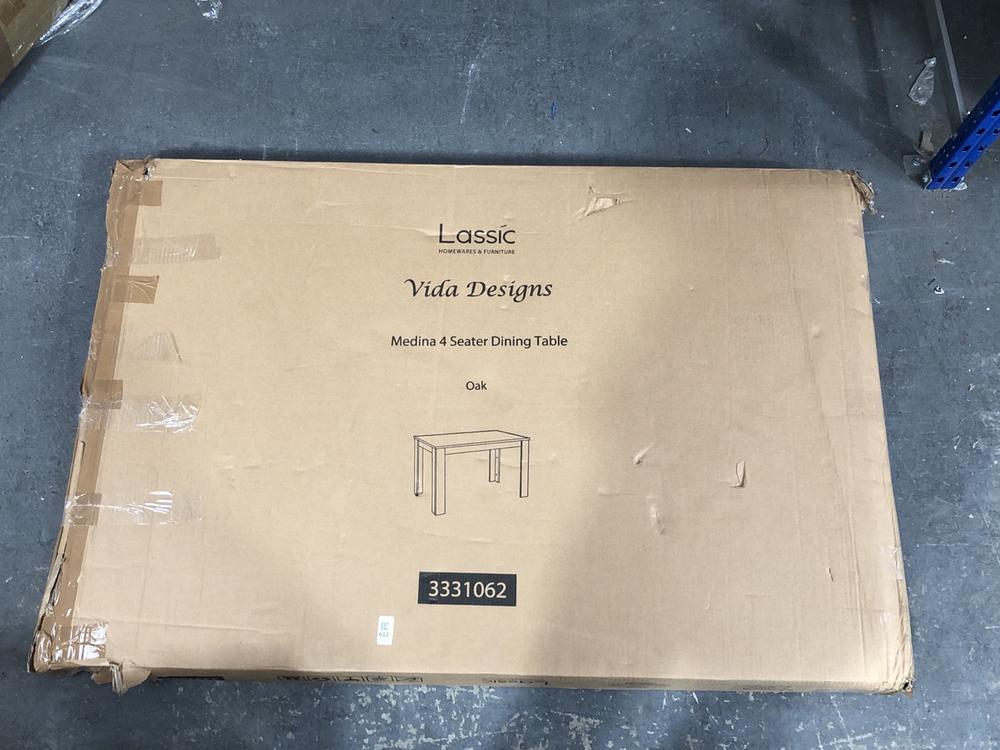 Lot 612  
            Chesterfield SR39 - Collection or Optional Delivery Available 

                
MEDINA 4 SEATER DINING TABLE IN OAK ORIGINAL RRP- £180 (LOCATION: A6)