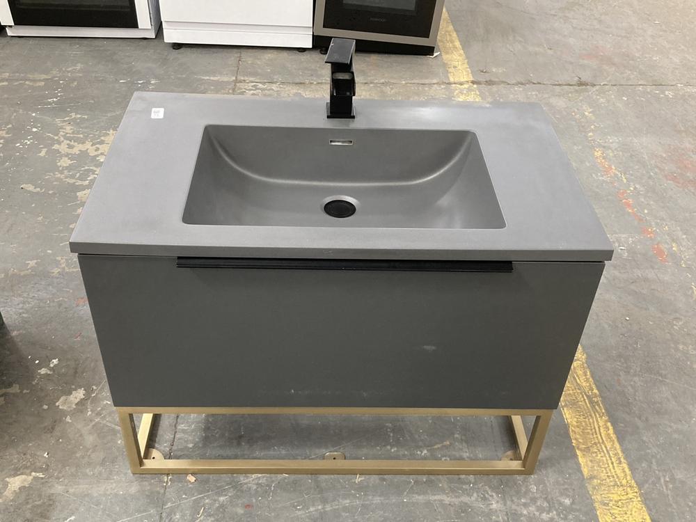 Lot 71  
            Chesterfield SR39 - Collection 

                
SCUDO AMBIENCE 800 LED CABINET AND BASIN, BRUSHED BRASS FRAME & BLACK BASIN TAP -...