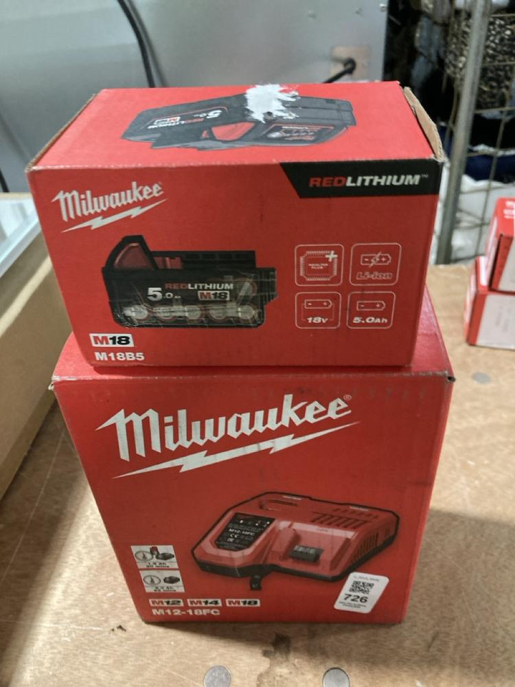 Lot 726  
            Chesterfield SR39 - Collection 

                
MILWAUKEE M18 RED LITHIUM ION BATTERY TO INCLUDE MILWAUKEE M12-18FC LITHIUM ION B...