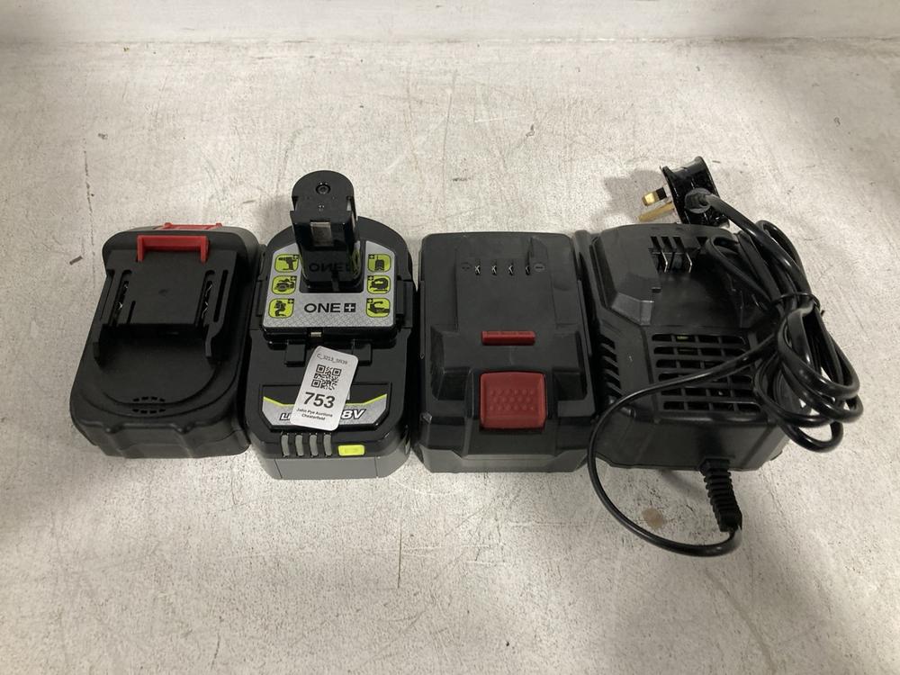 Lot 753  
            Chesterfield SR39 - Collection 

                
4 X ASSORTED BATTERIES TO INCLUDE RYOBI ONE LITHIUM ION BATTERY (LOCATION: A2)