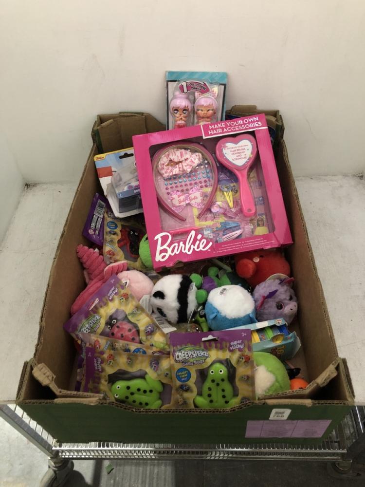 Lot 766  
            Chesterfield SR39 - Collection or Optional Delivery Available 

                
BOX OF ASSORTED TOYS TO INCLUDE BARBIE MAKE YOUR OWN HAIR ACCESSORIES (LOCATION: AR)