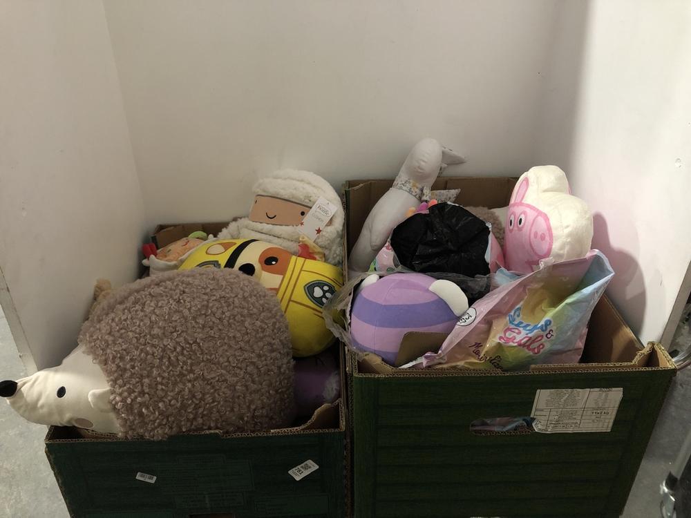Lot 781  
            Chesterfield SR39 - Collection or Optional Delivery Available 

                
BOX OF ASSORTED SOFT PLUSH TOYS TO INCLUDE SHAPED HEDGEHOG (LOCATION: AR)