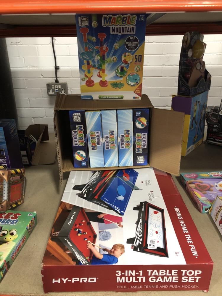 Lot 816  
            Chesterfield SR39 - Collection or Optional Delivery Available 

                
7 X ASSORTED TOYS TO INCLUDE HYPRO 3 IN 1 TABLE TOP MULTI GAME SET (LOCATION: AR)