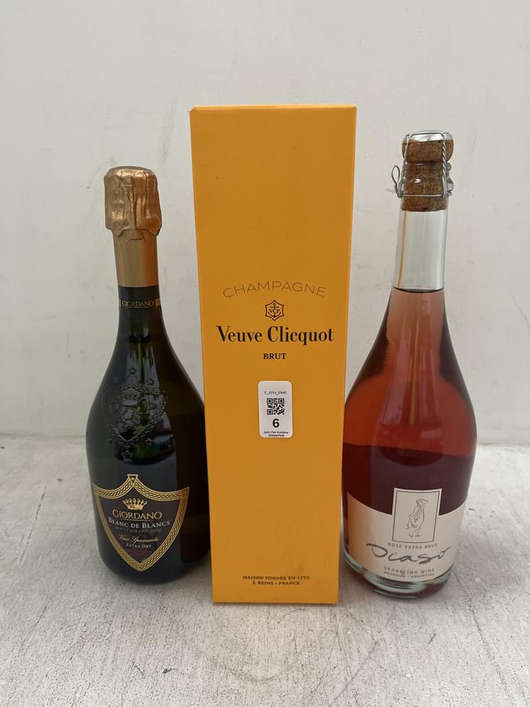Lot 6  
            Chesterfield SR40 - Collection or Optional Delivery Available 

                
VEUVE CLICQUOT BRUT CHAMPAGNE TO INCLUDE GIORDANO BLANC DE BLANCS AND OCASO ROSE ...