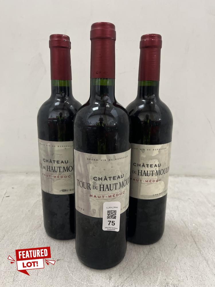 Lot 75  
            Chesterfield SR40 - Collection or Optional Delivery Available 

                
3 X BOTTLES OF CHATEAU TOUR DU HAUT MOULIN HAUT-MEDOC CRU BOURGEOIS 2022 750ML AB...