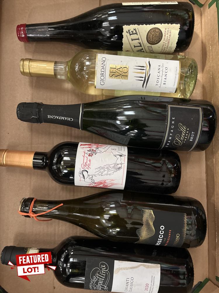 Lot 87  
            Chesterfield SR40 - Collection or Optional Delivery Available 

                
6 X ASSORTED BOTTLES OF WINE TO INCLUDE DECELLES FRERES CHAMPAGNE, GIORDANO PROSE...