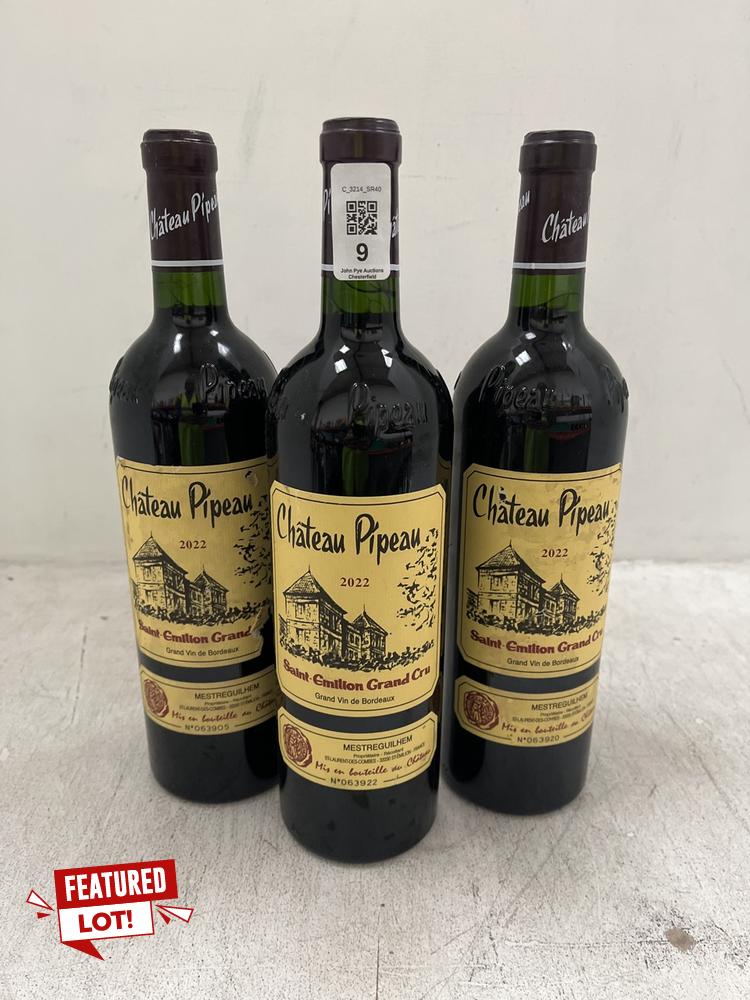 Lot 9  
            Chesterfield SR40 - Collection or Optional Delivery Available 

                
3 X BOTTLES OF CHATEAU PIPEAU 2022 SAINT-EMILION GRANDCRU 750ML ABV 14.5% (18+. I...