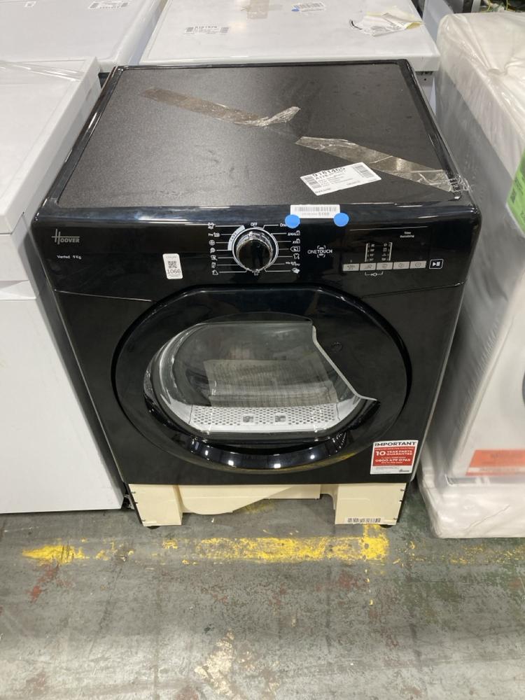 Lot 1066  
            Chesterfield SR38 - Collection or Optional Delivery Available 

                
HOOVER 9KG VENTED TUMBLE DRYER IN BLACK - MODEL NO. HLEV9DGB-80 (LOCATION: SR37)