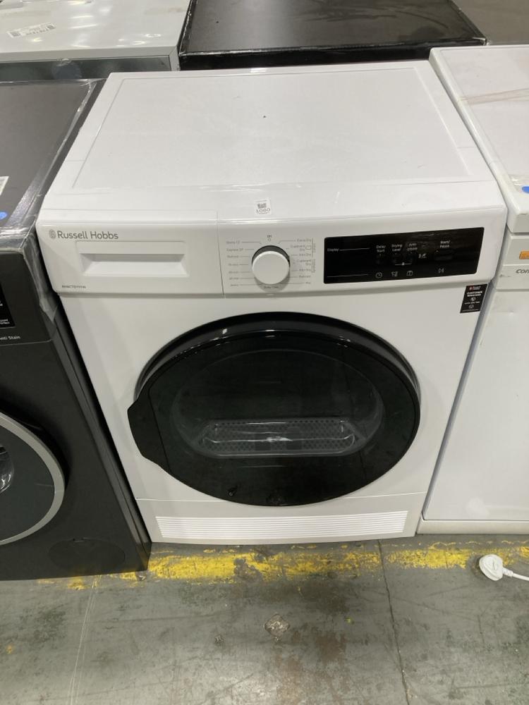 Lot 1080  
            Chesterfield SR38 - Collection or Optional Delivery Available 

                
RUSSELL HOBBS 11 SERIES FREESTANDING 8KG CONDENSER TUMBLE DRYER IN WHITE - MODEL ...