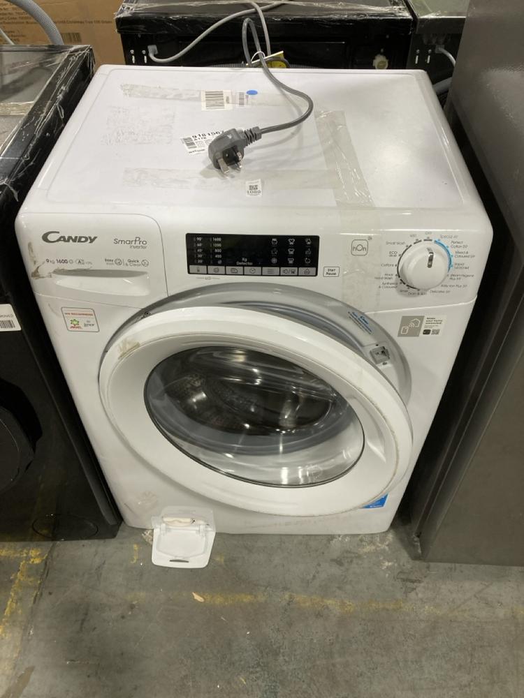 Lot 1089  
            Chesterfield SR38 - Collection or Optional Delivery Available 

                
CANDY SMART PRO 9KG INVERTER WASHING MACHINE IN WHITE - MODEL NO. CSO696TWM6-80 -...