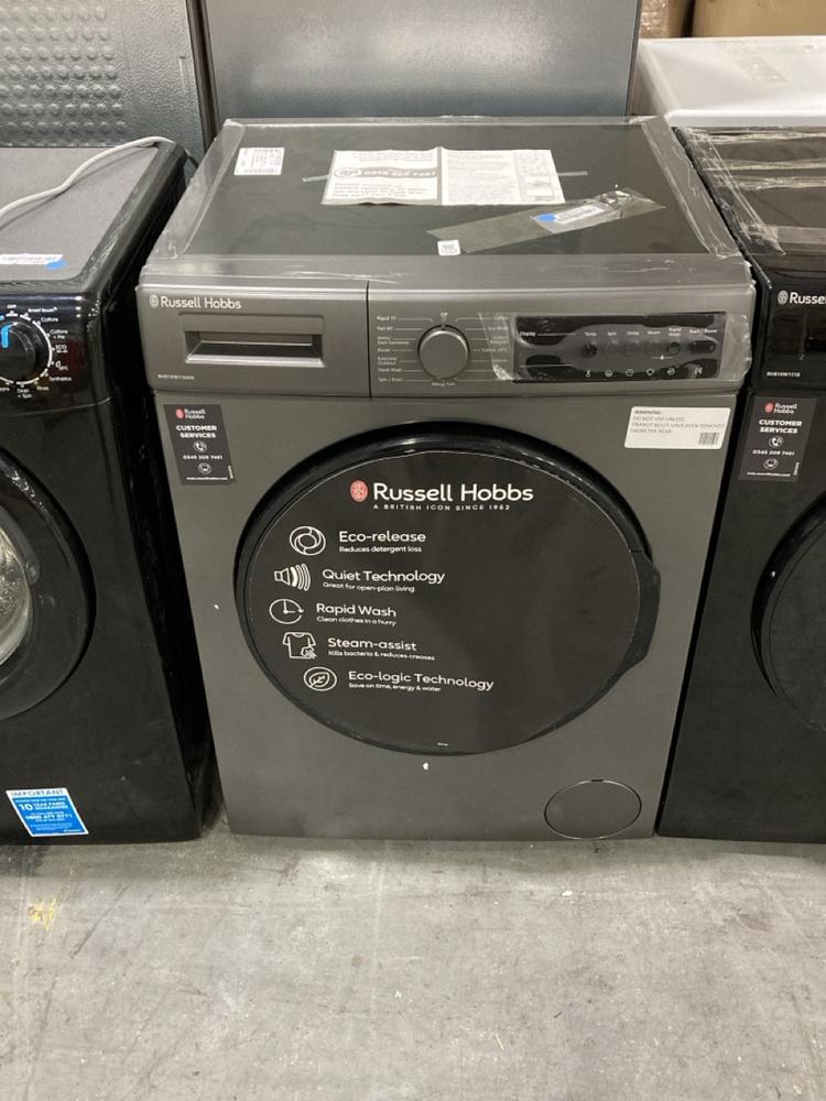 Lot 1101  
            Chesterfield SR38 - Collection or Optional Delivery Available 

                
RUSSELL HOBBS 16 SERIES 9KG WASHING MACHINE IN GREY - MODEL NO. RH914W116AN - ORI...
