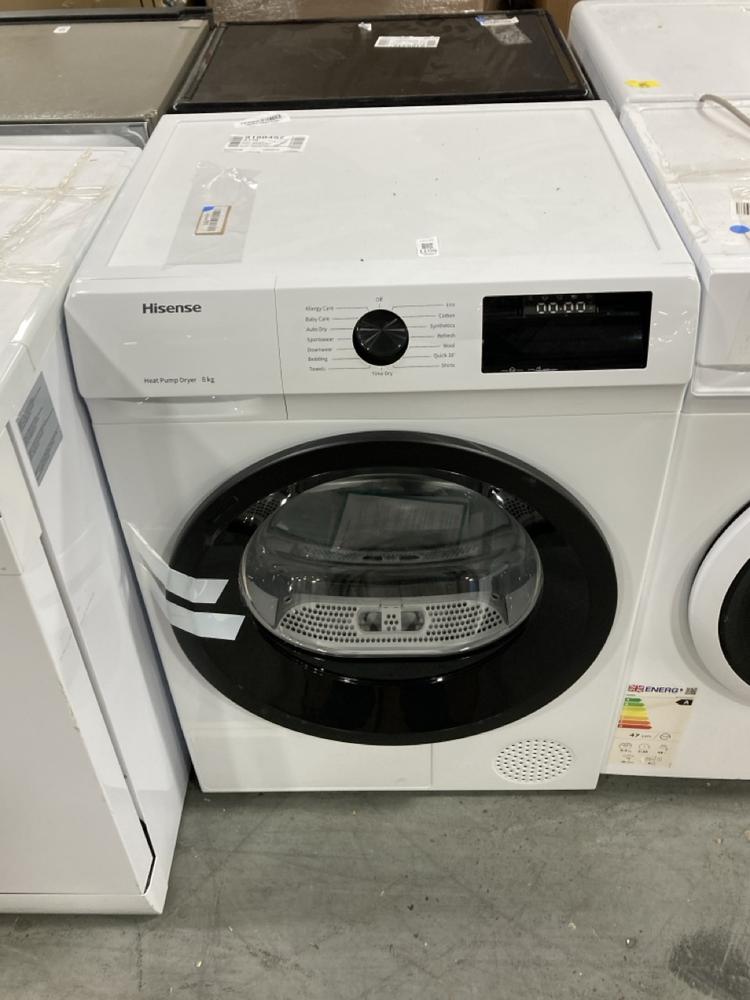 Lot 1105  
            Chesterfield SR38 - Collection or Optional Delivery Available 

                
HISENSE 1Q SERIES 8 KG HEAT PUMP TUMBLE DRYER IN WHITE - MODEL NO. DH1Q802BW2 - O...