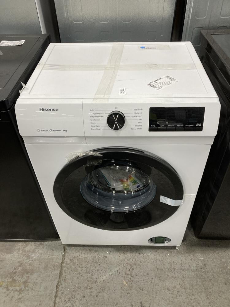 Lot 1135  
            Chesterfield SR38 - Collection or Optional Delivery Available 

                
HISENSE 1Q SERIES FREESTANDING 8 KG WASHING MACHINE IN WHITE - MODEL NO. WF1Q8041...