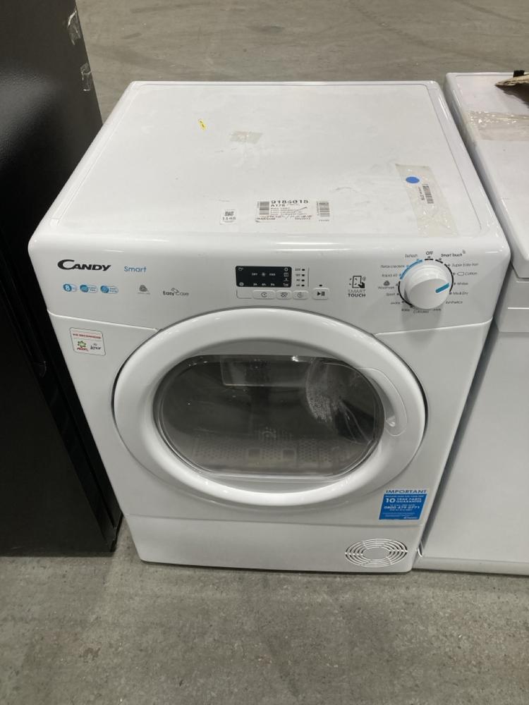 Lot 1148  
            Chesterfield SR38 - Collection or Optional Delivery Available 

                
CANDY SMART 8KG HEAT PUMP TUMBLE DRYER IN WHITE - MODEL NO. CSEH8A2LE-80 - ORIGIN...