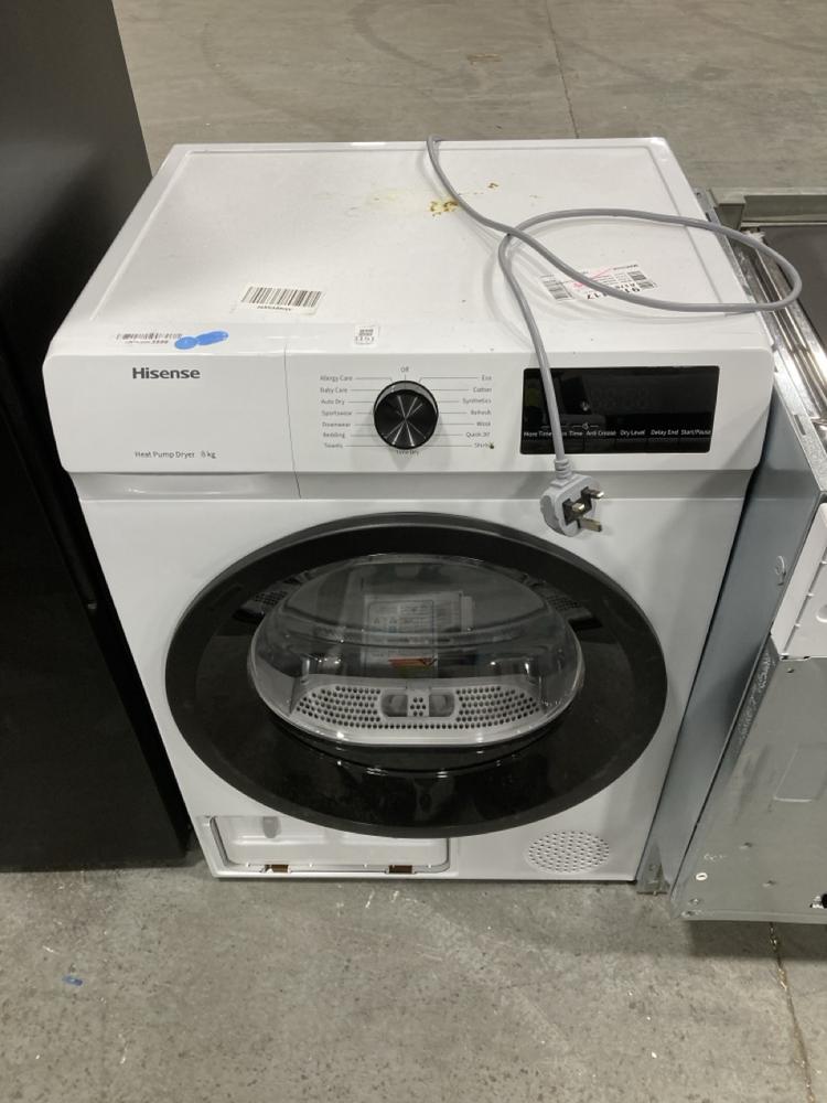 Lot 1151  
            Chesterfield SR38 - Collection or Optional Delivery Available 

                
HISENSE 1Q SERIES 8 KG HEAT PUMP TUMBLE DRYER IN WHITE - MODEL NO. DH1Q802BW2 - O...