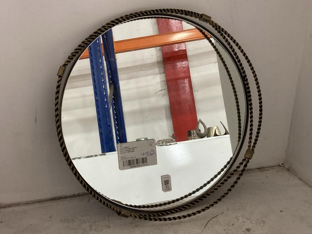 Lot 31  
            Chesterfield SR38 - Collection 

                
DFS ROUND ROPE STYLE MIRROR IN AGED BRASS LOOK / BLACK (COLLECTION ONLY) (LOCATIO...