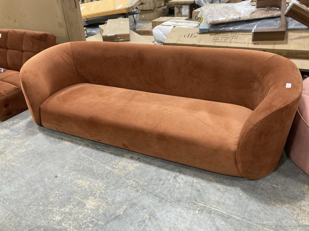 Lot 414  
            Chesterfield SR38 - Collection or Optional Delivery Available 

                
BELIANI 3 SEATER SOFA IN LIGHT RED VELVET FABRIC (LOCATION: SR38 B7)