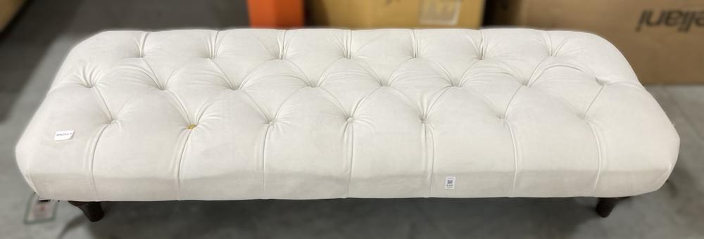 Lot 446  
            Chesterfield SR38 - Collection or Optional Delivery Available 

                
DFS UPHOLSTERED BENCH IN DARK WOOD / WHITE VELVET FEEL FABRIC (LOCATION: SR38 B6)