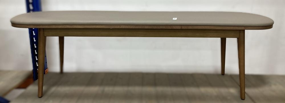 Lot 447  
            Chesterfield SR38 - Collection or Optional Delivery Available 

                
DFS UPHOLSTERED BENCH IN NATURAL WOOD FINISH / TAUPE LEATHER EFFECT FABRIC (LOCAT...