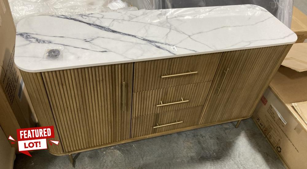 Lot 451  
            Chesterfield SR38 - Collection 

                
DFS 3 DRAWER 2 DOOR SIDEBOARD IN NATURAL WOOD FINISH / WHITE MARBLE EFFECT TOP / ...