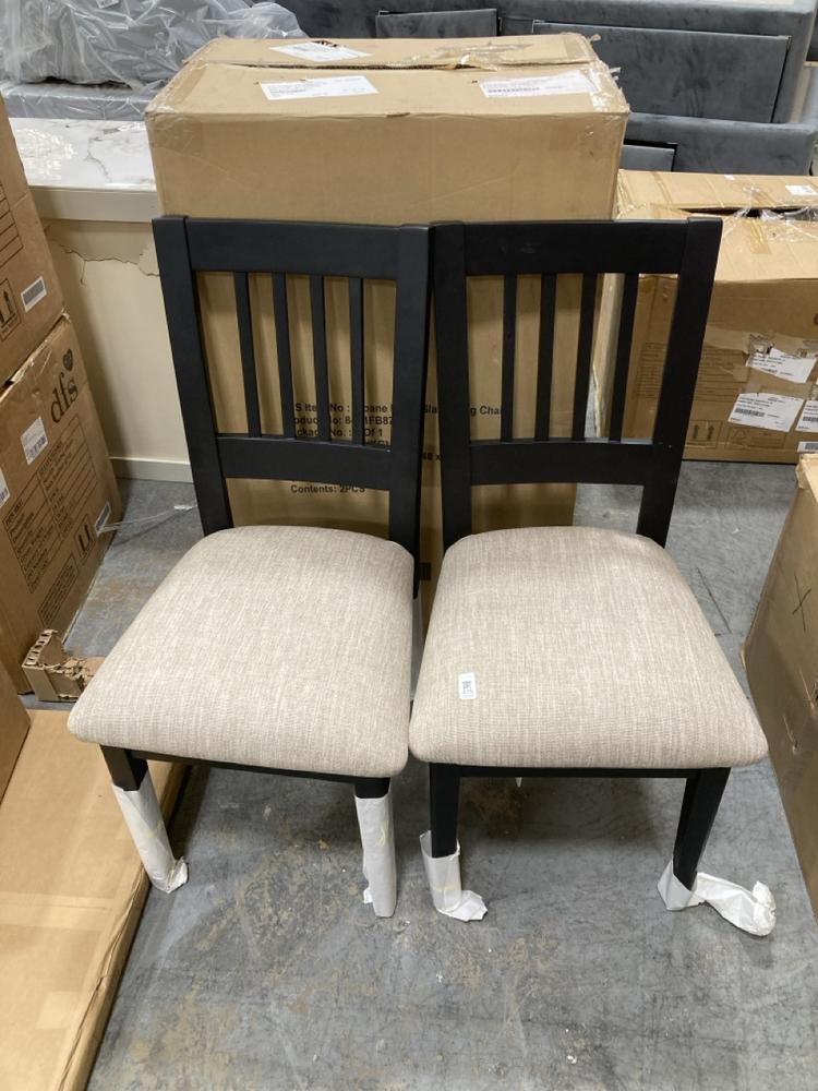 Lot 475  
            Chesterfield SR38 - Collection or Optional Delivery Available 

                
DFS SET OF 2 UPHOLSTERED DINING CHAIRS IN BLACK / BEIGE (LOCATION: SR38 B6)