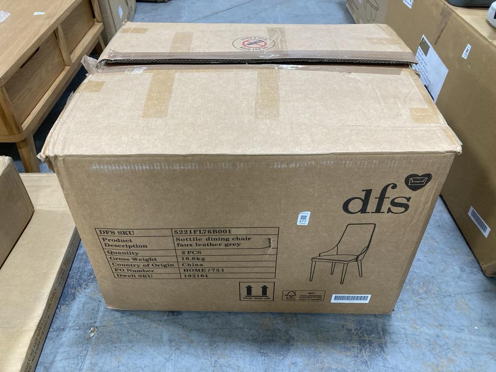 Lot 477  
            Chesterfield SR38 - Collection or Optional Delivery Available 

                
DFS SET OF 2 FAUX LEATHER DINING CHAIR IN GREY (LOCATION: SR38 B6)