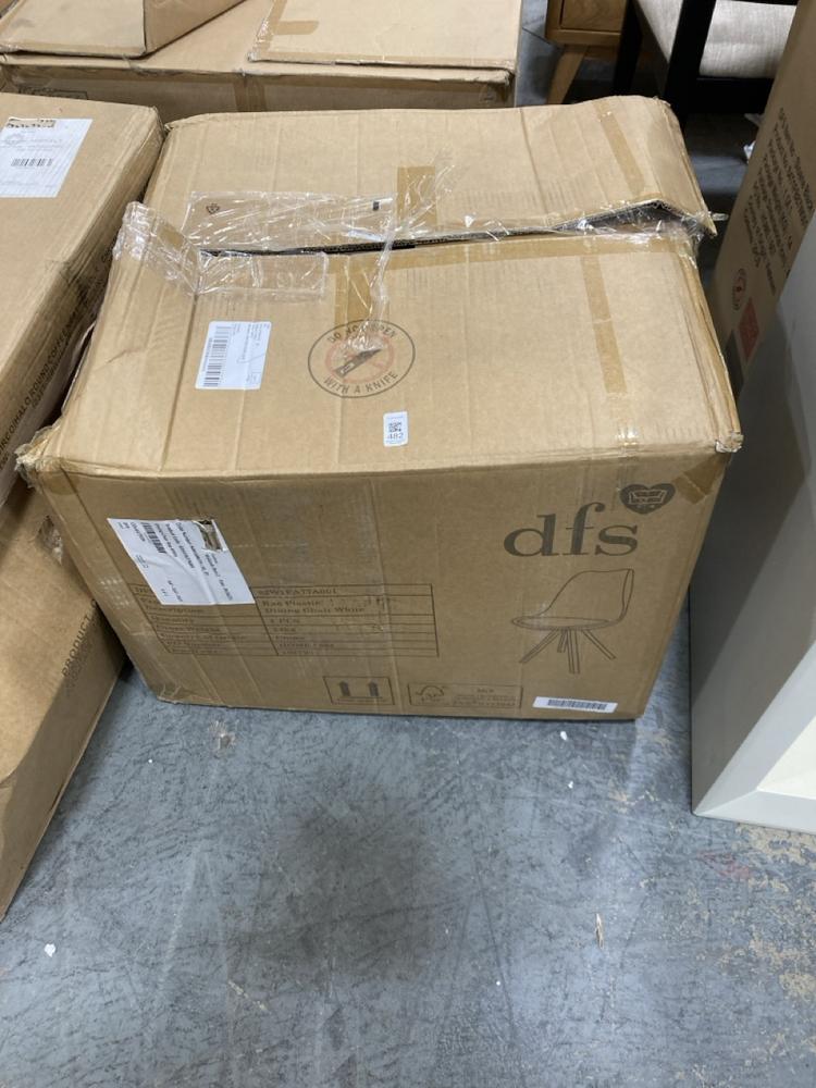 Lot 482  
            Chesterfield SR38 - Collection or Optional Delivery Available 

                
DFS UPHOLSTERED DINING CHAIRS IN WHITE / WHITE BOUCLE FABRIC (LOCATION: SR38 B5) ...