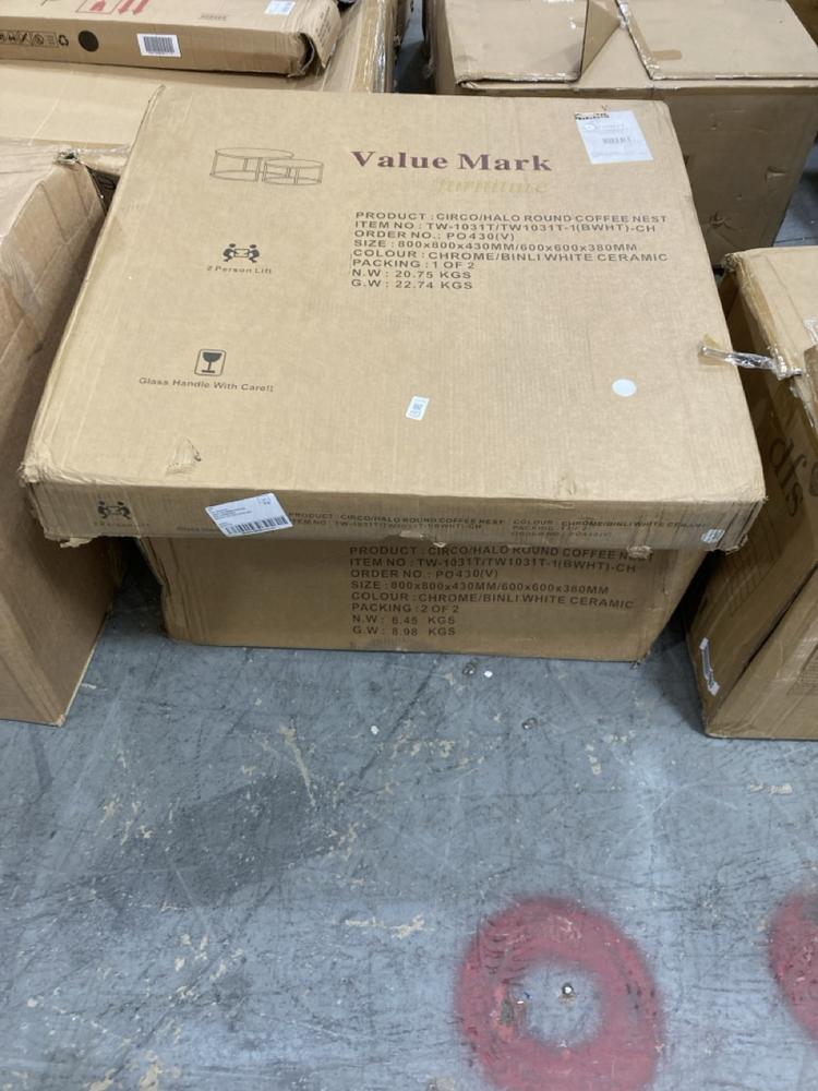 Lot 483  
            Chesterfield SR38 - Collection 

                
DFS ROUND NESTING COFFEE TABLES IN CHROME / BINLI WHITE CERAMIC - ORIGINAL RRP £3...