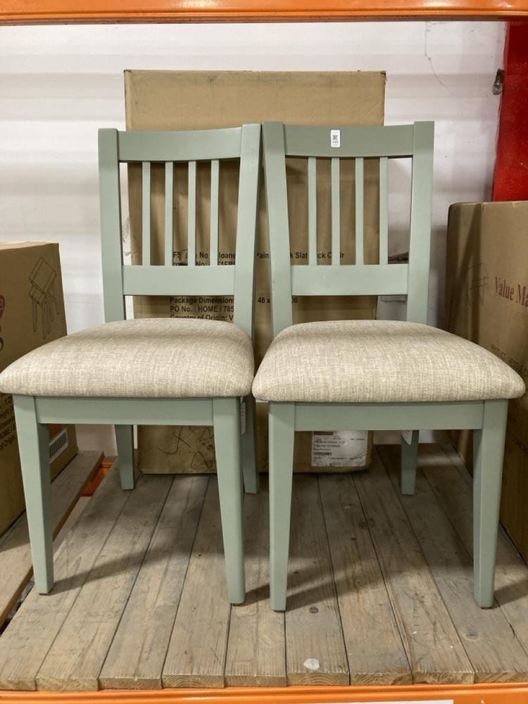 Lot 490  
            Chesterfield SR38 - Collection or Optional Delivery Available 

                
DFS SET OF 2 SLAT BACK UPHOLSTERED DINING CHAIR IN MUTED GREEN / BEIGE (LOCATION:...