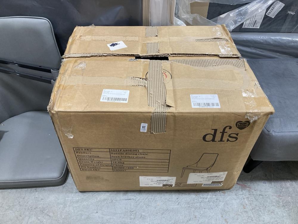 Lot 516  
            Chesterfield SR38 - Collection or Optional Delivery Available 

                
DFS SET OF 2 FAUX LEATHER DINING CHAIRS IN STONE (LOCATION: SR38 B4)