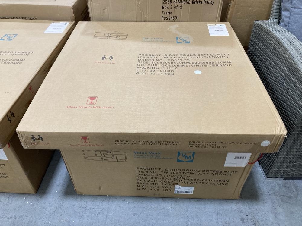 Lot 528  
            Chesterfield SR38 - Collection 

                
DFS ROUND NESTING COFFEE TABLES IN GOLD / BINLI WHITE CERAMIC - ORIGINAL RRP £399...