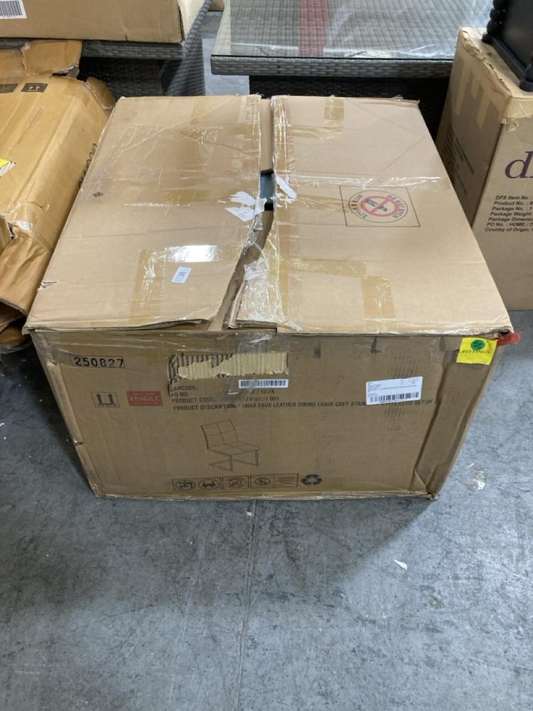 Lot 541  
            Chesterfield SR38 - Collection or Optional Delivery Available 

                
DFS SET OF 2 FAUX LEATHER DINING CHAIR IN GREY / STAINLESS STEEL (LOCATION: SR38 B4)