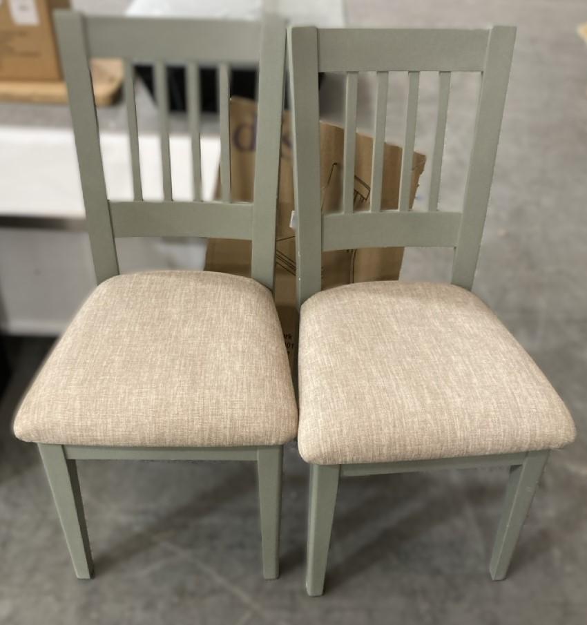 Lot 545  
            Chesterfield SR38 - Collection or Optional Delivery Available 

                
DFS SET OF 2 SLAT BACK UPHOLSTERED DINING CHAIRS IN GREEN / BEIGE (LOCATION: SR38...