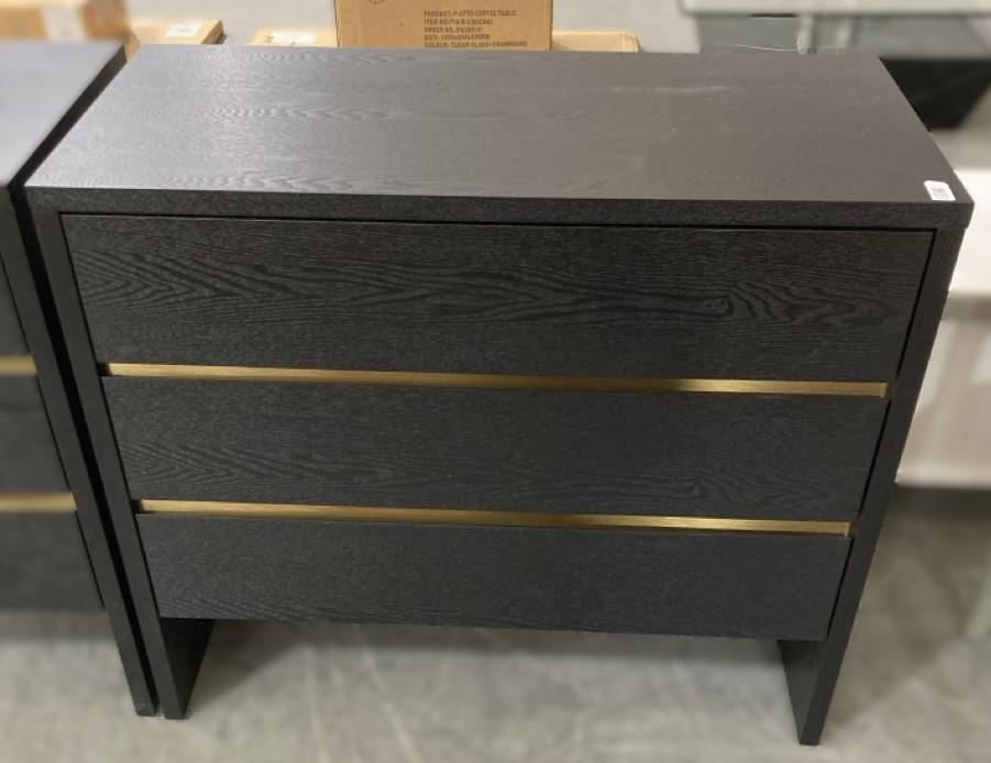 Lot 546  
            Chesterfield SR38 - Collection or Optional Delivery Available 

                
DFS 3 DRAWER CHEST OF DRAWERS IN BLACK ASH / BRASS (LOCATION: SR38 B4)