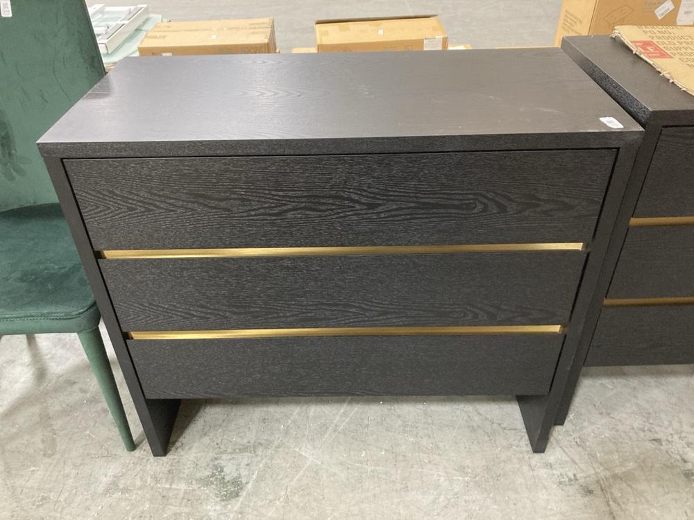 Lot 548  
            Chesterfield SR38 - Collection or Optional Delivery Available 

                
DFS 3 DRAWER CHEST OF DRAWERS IN BLACK ASH / BRASS (LOCATION: SR38 B4)