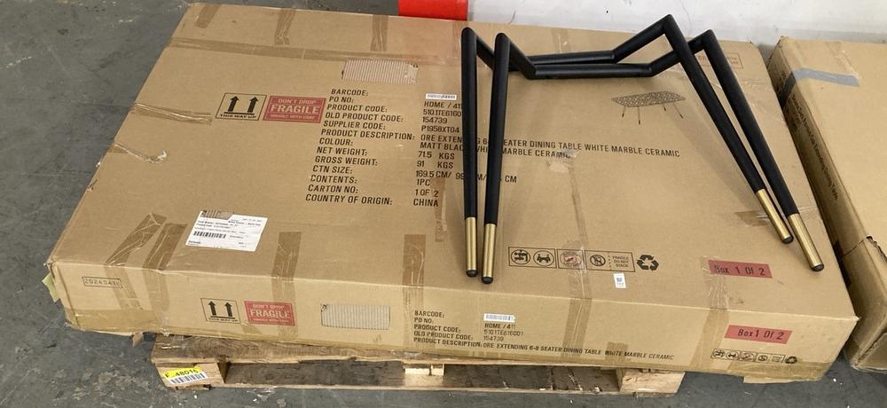 Lot 563  
            Chesterfield SR38 - Collection 

                
DFS EXTENDING 6-8 SEATER DINING TABLE IN WHITE CERAMIC MARBLE (COLLECTION ONLY) (...