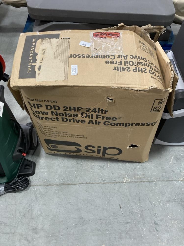 Lot 579  
            Chesterfield SR38 - Collection or Optional Delivery Available 

                
SIP DD 2HP 24L LOW NOISE OIL FREE DIRECT DRIVE WHEEL MOUNTED AIR COMPRESSOR