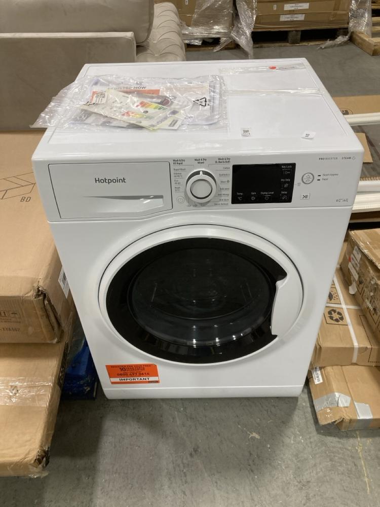 Lot 604  
            Chesterfield SR38 - Collection or Optional Delivery Available 

                
HOTPOINT WASHING MACHINE IN WHITE - MOD NO NDB8635WUK- ORIGINAL RRP £329