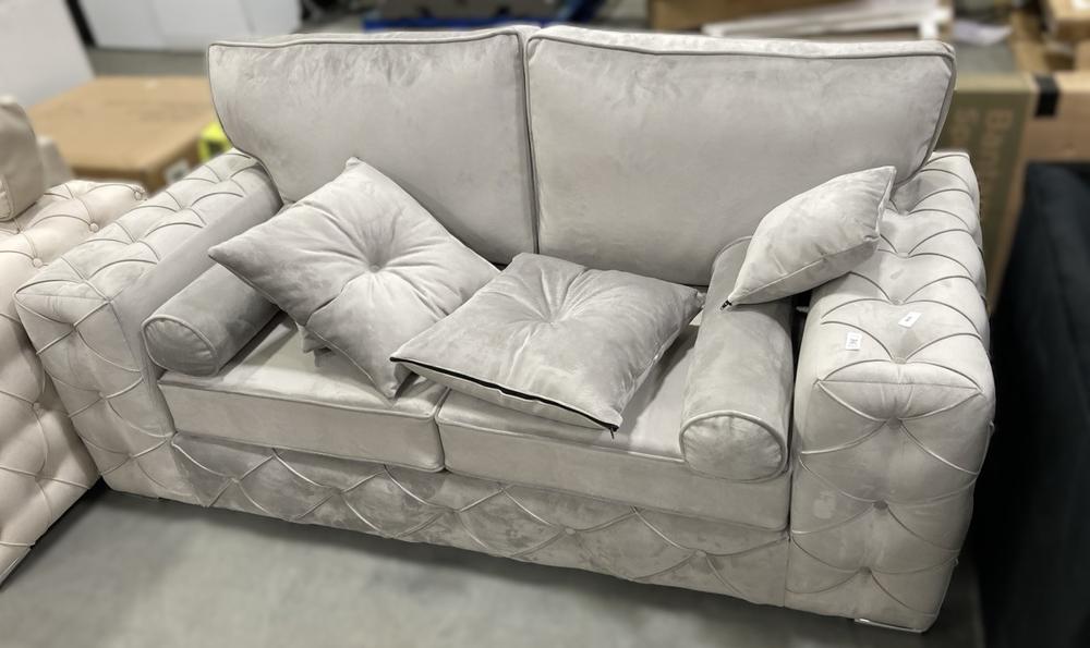 Lot 612  
            Chesterfield SR38 - Collection or Optional Delivery Available 

                
2 SEATER SOFA IN LIGHT GREY VELVET-LIKE FABRIC WITH MATCHING CYLINDRICAL / SQUARE...