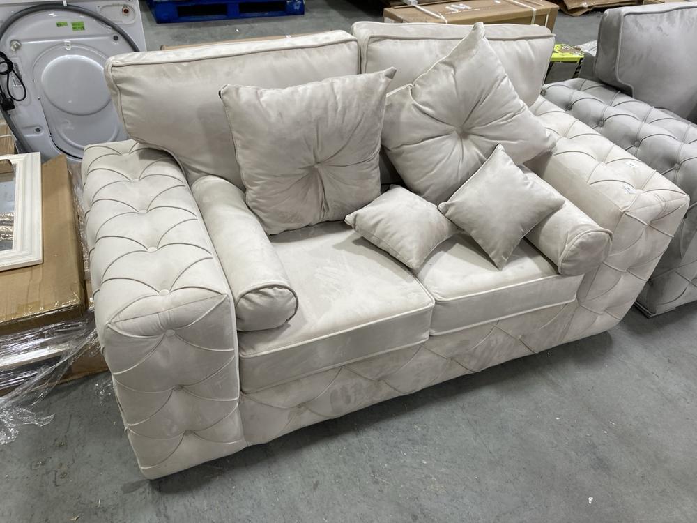 Lot 613  
            Chesterfield SR38 - Collection or Optional Delivery Available 

                
2 SEATER SOFA IN BEIGE VELVET-LIKE FABRIC WITH MATCHING CYLINDRICAL / SQUARE SOFA...