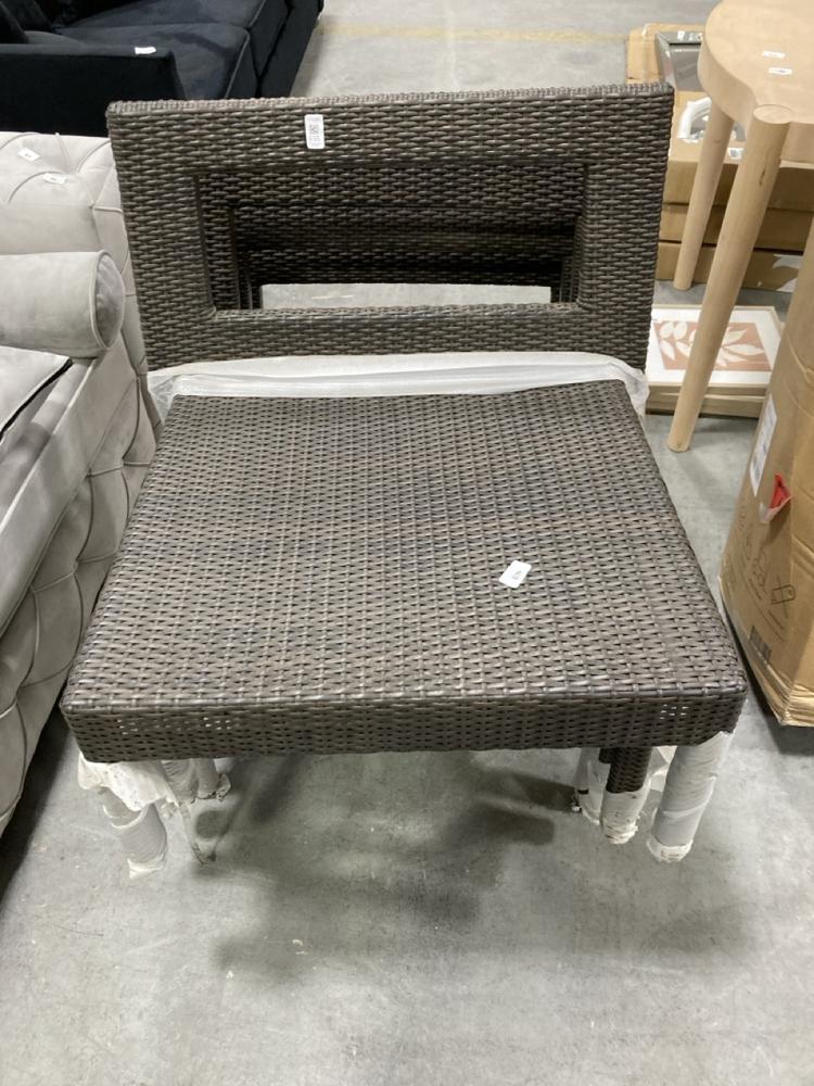 Lot 635  
            Chesterfield SR38 - Collection or Optional Delivery Available 

                
SET OF 4 RATTAN GARDEN CHAIRS IN DARK BROWN