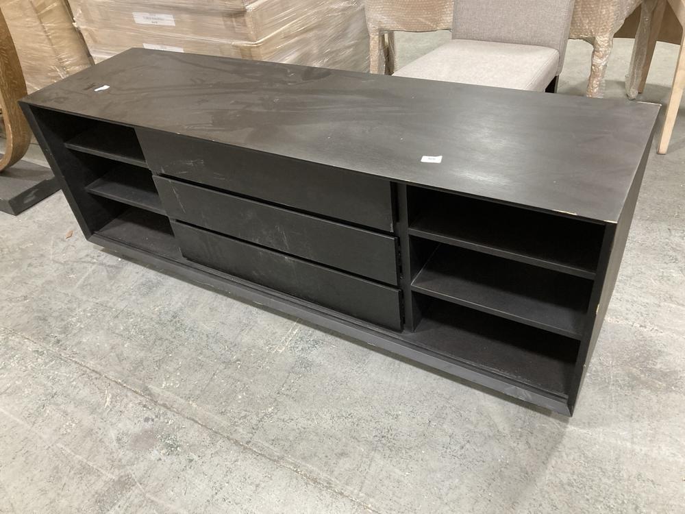 Lot 646  
            Chesterfield SR38 - Collection or Optional Delivery Available 

                
6 SHELF 3 DRAWER MEDIA CONSOLE CABINET IN BLACK TO INCLUDE UPHOLSTERED DINING CHA...