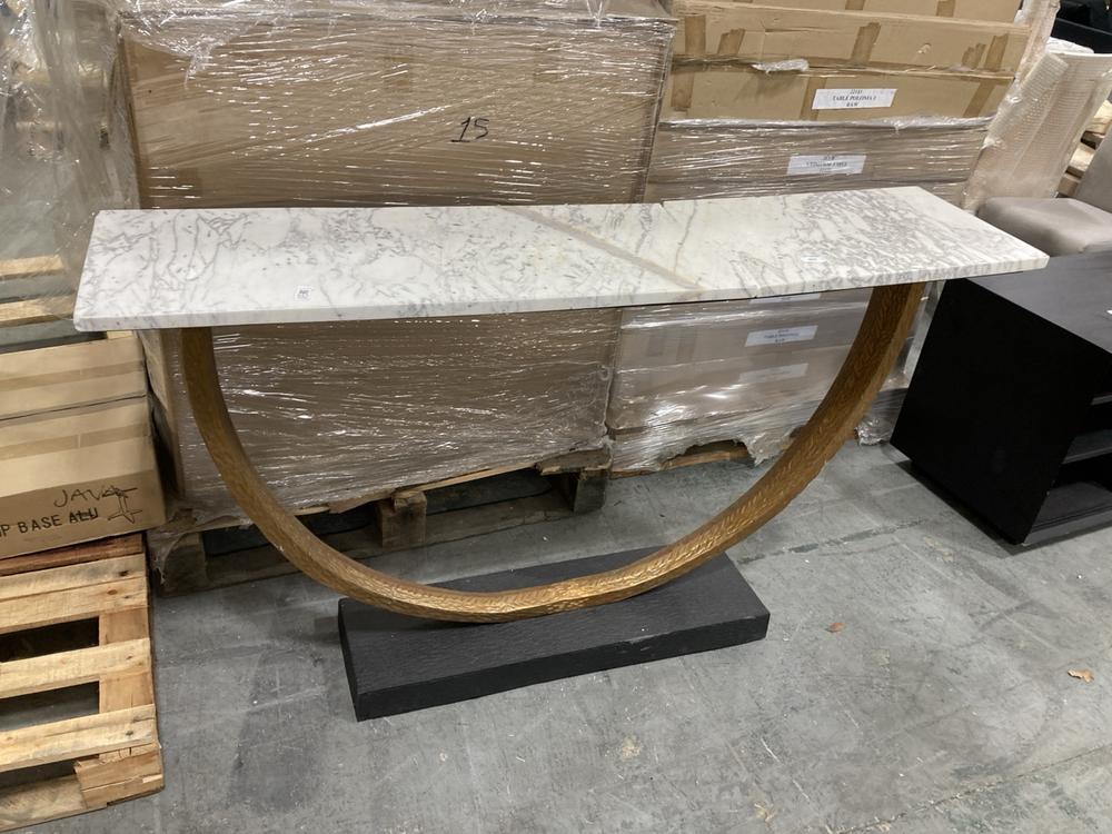 Lot 647  
            Chesterfield SR38 - Collection 

                
MARBLE TOP ARCH BASE CONSOLE TABLE IN WHITE MARBLE / BLACK / GOLD (COLLECTION ONLY)