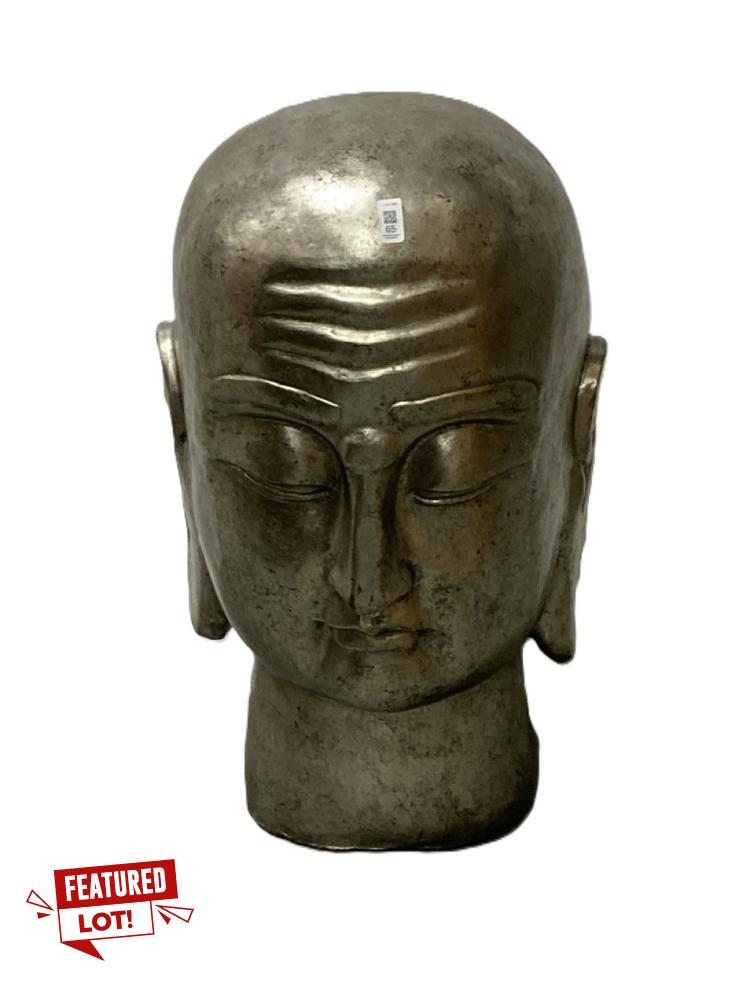 Lot 65  
            Chesterfield SR38 - Collection 

                
DFS LARGE BUDDHA HEAD ORNAMENT / STATUE IN SILVER FINISH (COLLECTION ONLY) (LOCAT...