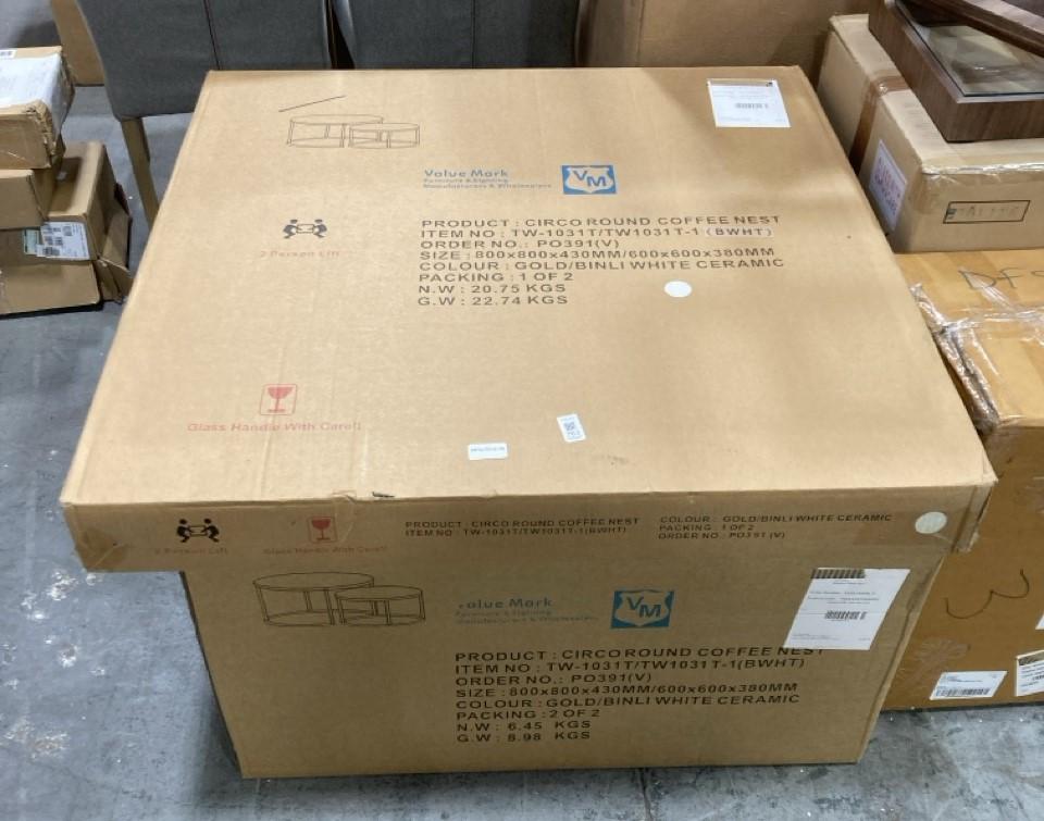 Lot 763  
            Chesterfield SR38 - Collection 

                
DFS ROUND NESTING COFFEE TABLES IN GOLD / BINLI WHITE CERAMIC (COLLECTION ONLY) (...