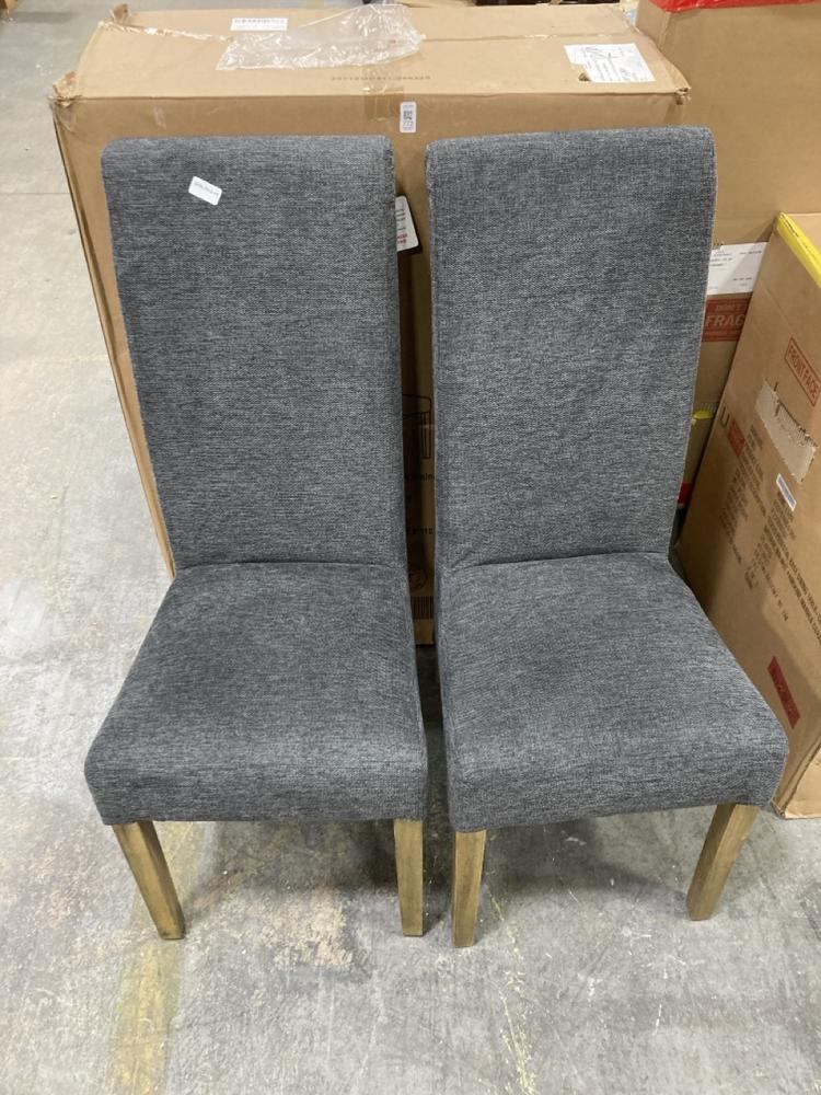 Lot 772  
            Chesterfield SR38 - Collection or Optional Delivery Available 

                
DFS SET OF 2 DINING SCROLL BACK CHAIRS IN DARK GREY FABRIC (LOCATION: SR38 A6) (B...