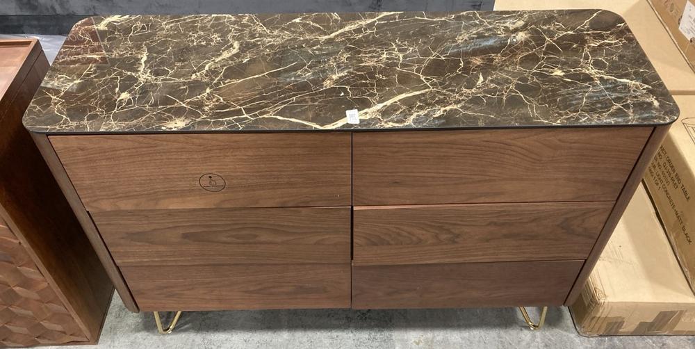 Lot 775  
            Chesterfield SR38 - Collection 

                
DFS 6 DRAWER CHEST OF DRAWERS IN WOOD / DARK BROWN MARBLE FINISH (COLLECTION ONLY...