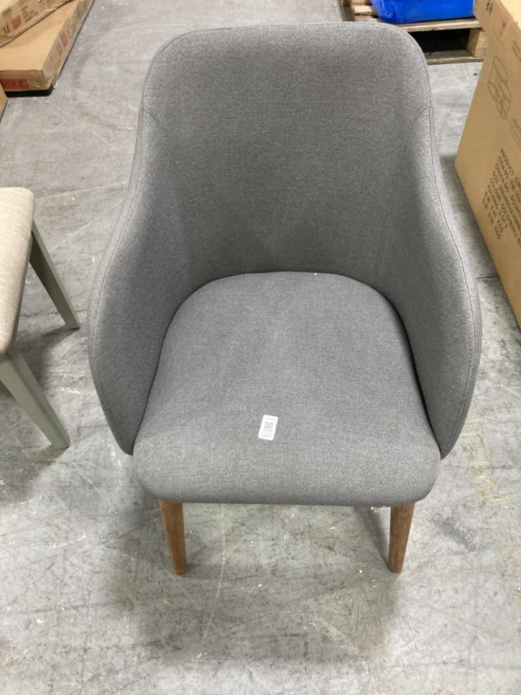 Lot 777  
            Chesterfield SR38 - Collection or Optional Delivery Available 

                
DFS UPHOLSTERED DINING CHAIR IN NATURAL WOOD / GREY FABRIC (LOCATION: SR38 A6)